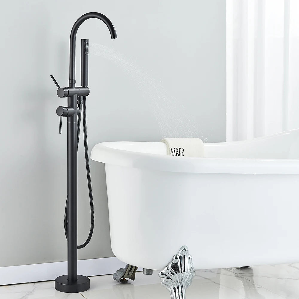 Floor Free Standing Faucet Mixer Single Handle Hot Cold Water Mixer with 360 Rotation Spout with Handshower For Bathtub Shower