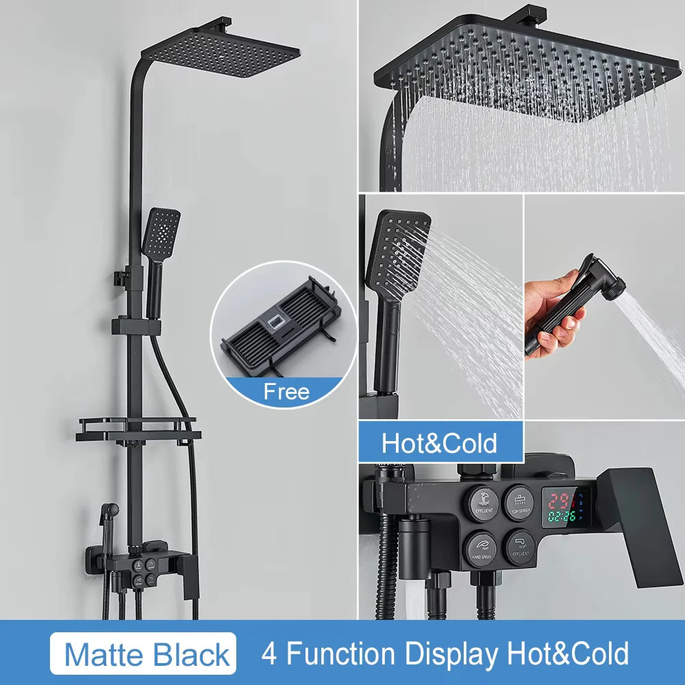 Black Thermostatic LCD Shower Faucet Set Temperature Display Rainfall Bathtub Tap With Bathroom Shelf Electricity By Water