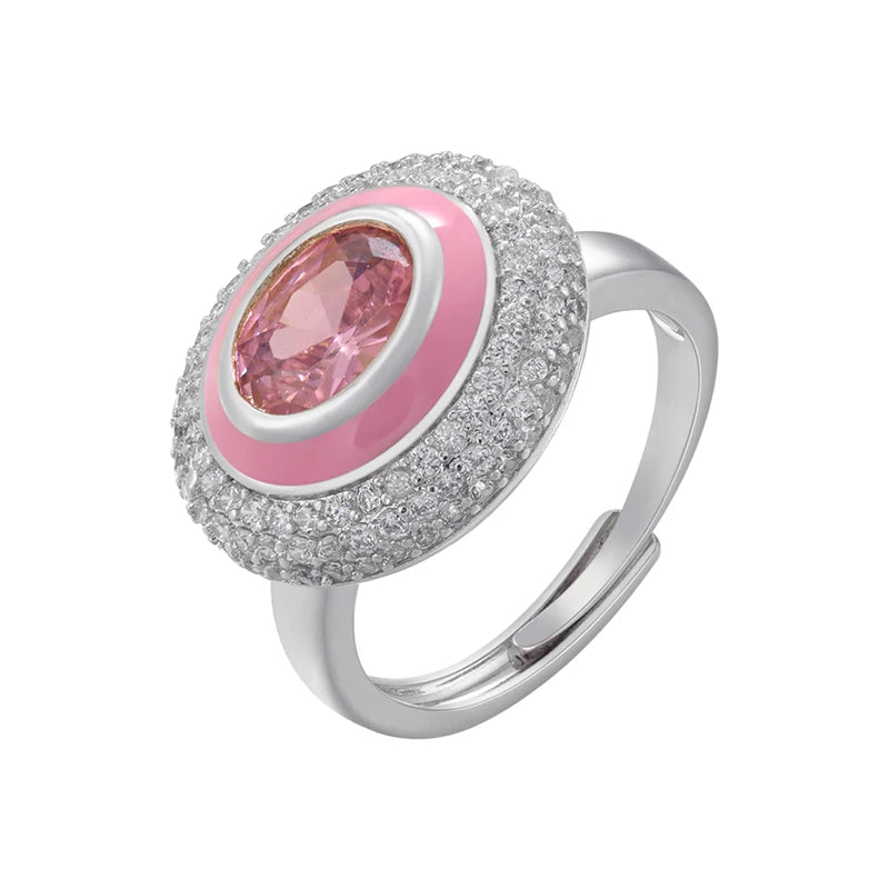 ZHUKOU Round Enamel mushroom rings for women sweet pink stones opening adjustable Couple rings Jewelry wholesale VJ518
