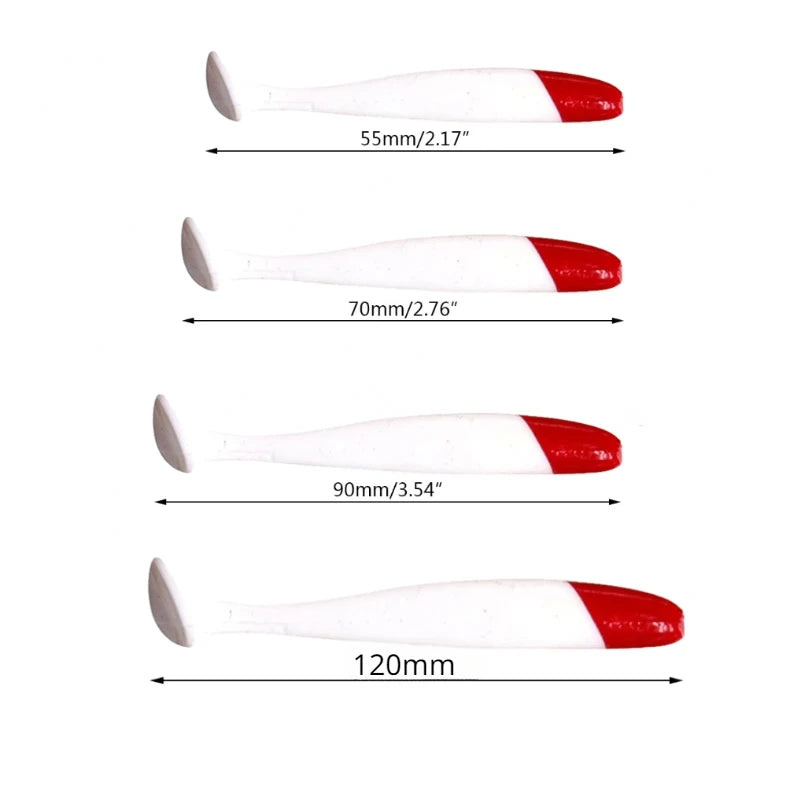 10/20/50pcs Red Head White Body Bait 5.5/7/9/12cm T Tail Worm Soft Bait Bionic Flying Fishing Lure Artificial Silicone Wobblers