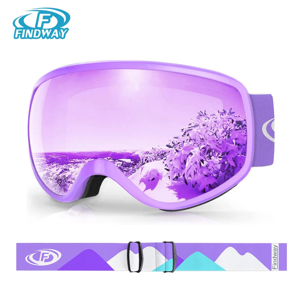 Findway Ski Goggles Kids Anti-Fog 100% UV Protection for 3-10 Years Old Boys/Girls Skiing Snowboarding Compatible with Helmet