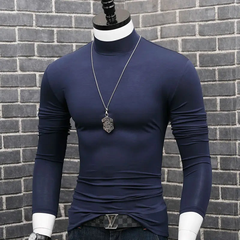 Fashion 2023 Oversize Solid Men's Slim Fit T-Shirt with Turtleneck Autumn Long Sleeve Top Shirt Male Modal Base Male Blouse