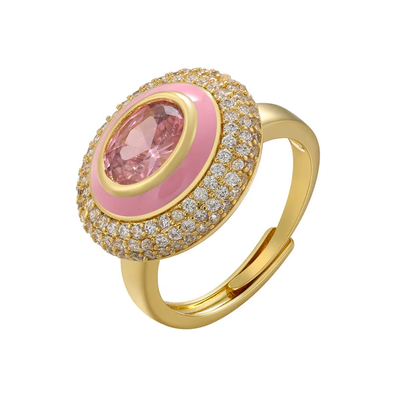 ZHUKOU Round Enamel mushroom rings for women sweet pink stones opening adjustable Couple rings Jewelry wholesale VJ518