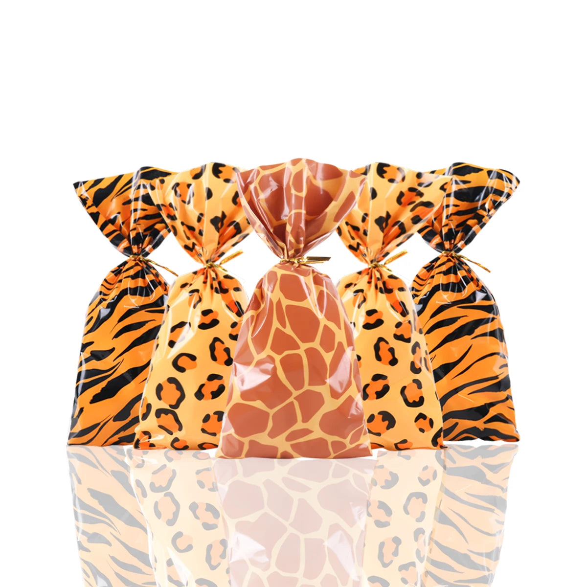50pcs Jungle Animal Treat candy bag Wild Giraffe Cheetah Tiger Print Plastic Biscuit Packing Bag Safari Birthday Party Gift bag