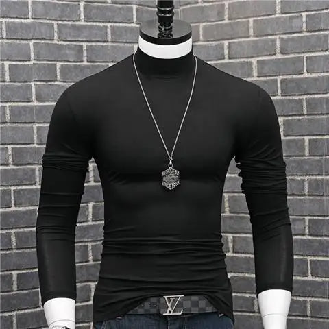 Fashion 2023 Oversize Solid Men's Slim Fit T-Shirt with Turtleneck Autumn Long Sleeve Top Shirt Male Modal Base Male Blouse