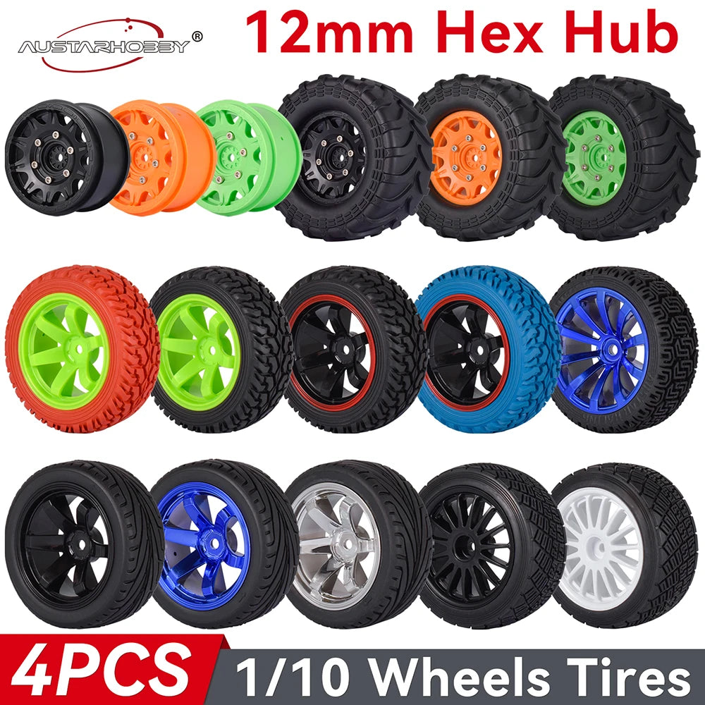 AUSTARHOBBY 1/10 Monster Tires Rally Tires 4pcs 12mm Hex Plastic Wheel Rim Rubber Tyre for 1/10 Traxxas HSP HPI Tamiya RC Car