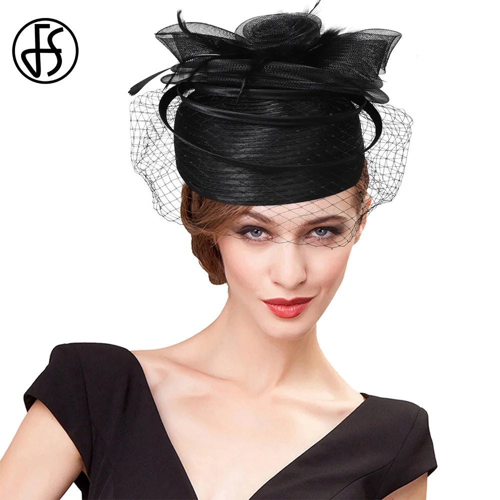 FS 2024 Wedding Church Red Hats Fascinators For Woman With Feather Veil Cocktail Party Headdress Lady Elegant Kentucky Derby Cap