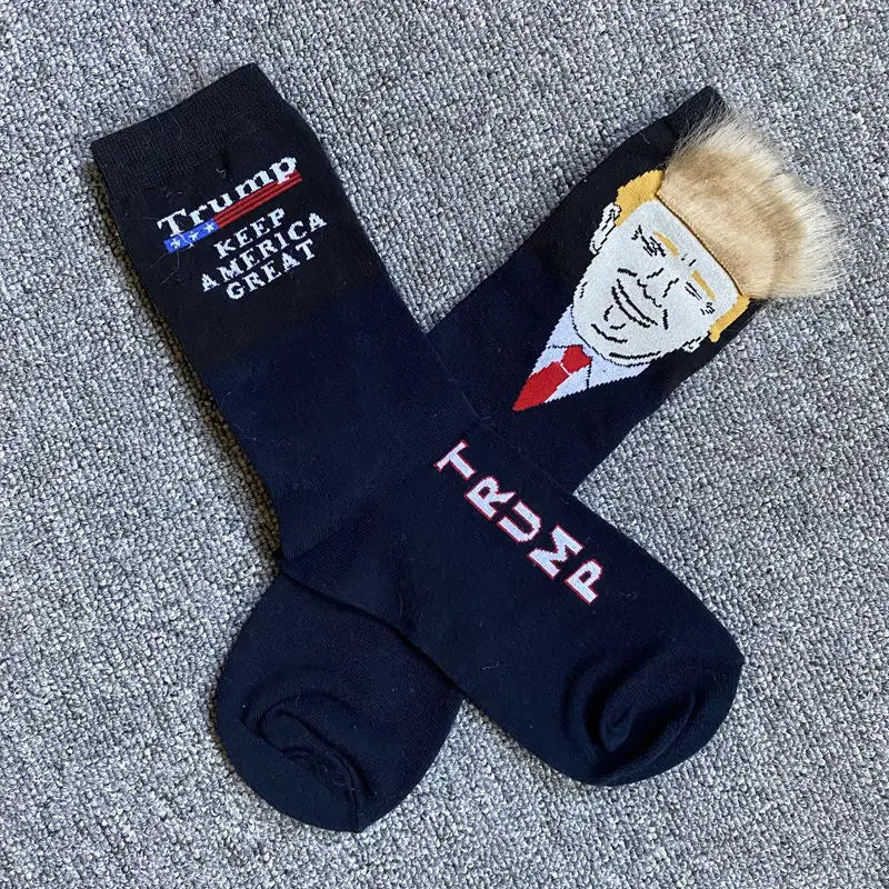 2024 New Trump Socks with Hair Spoof Funny President Donald Trump Socks Mens Compression Streetwear Hip Hop Tube Socks