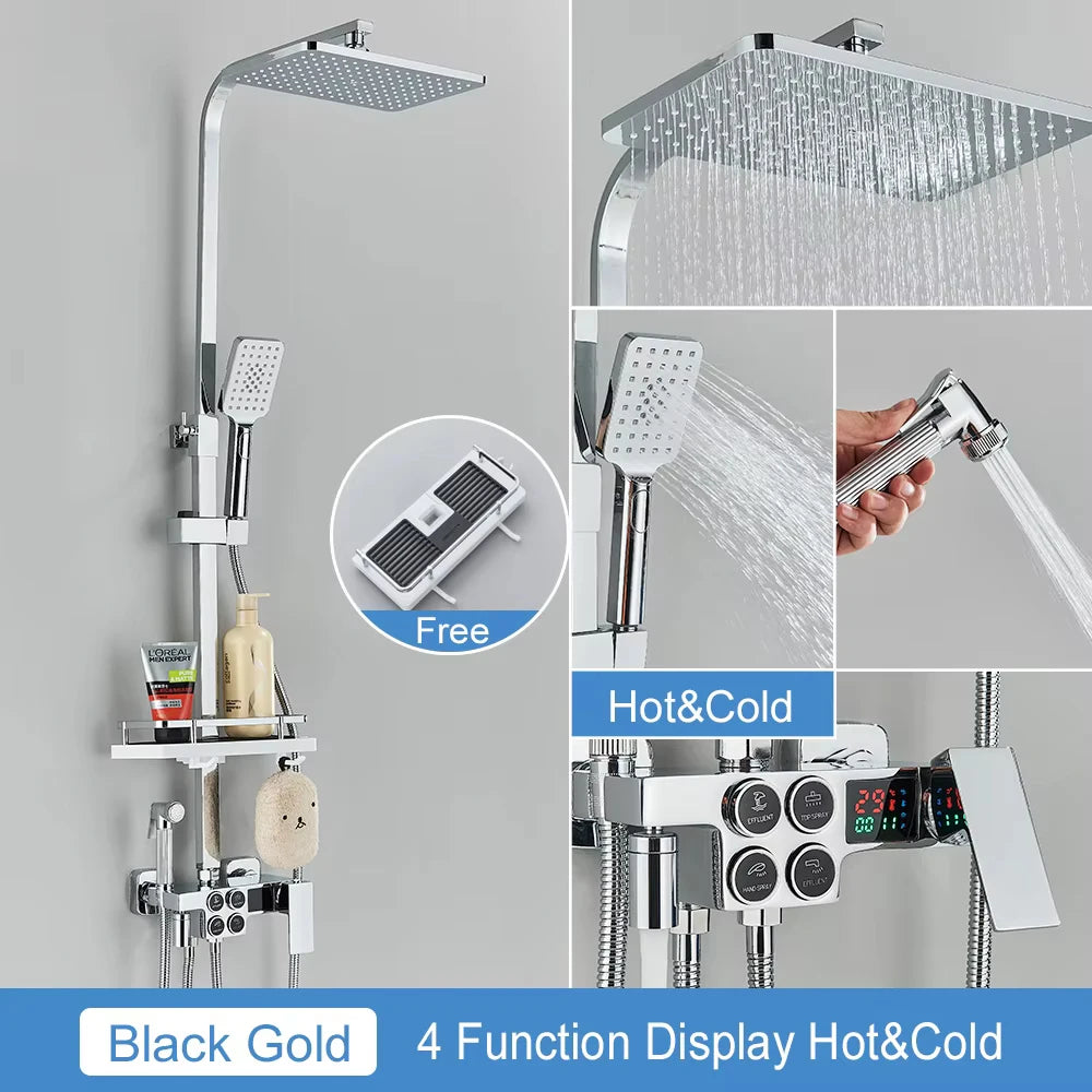 Black Thermostatic LCD Shower Faucet Set Temperature Display Rainfall Bathtub Tap With Bathroom Shelf Electricity By Water