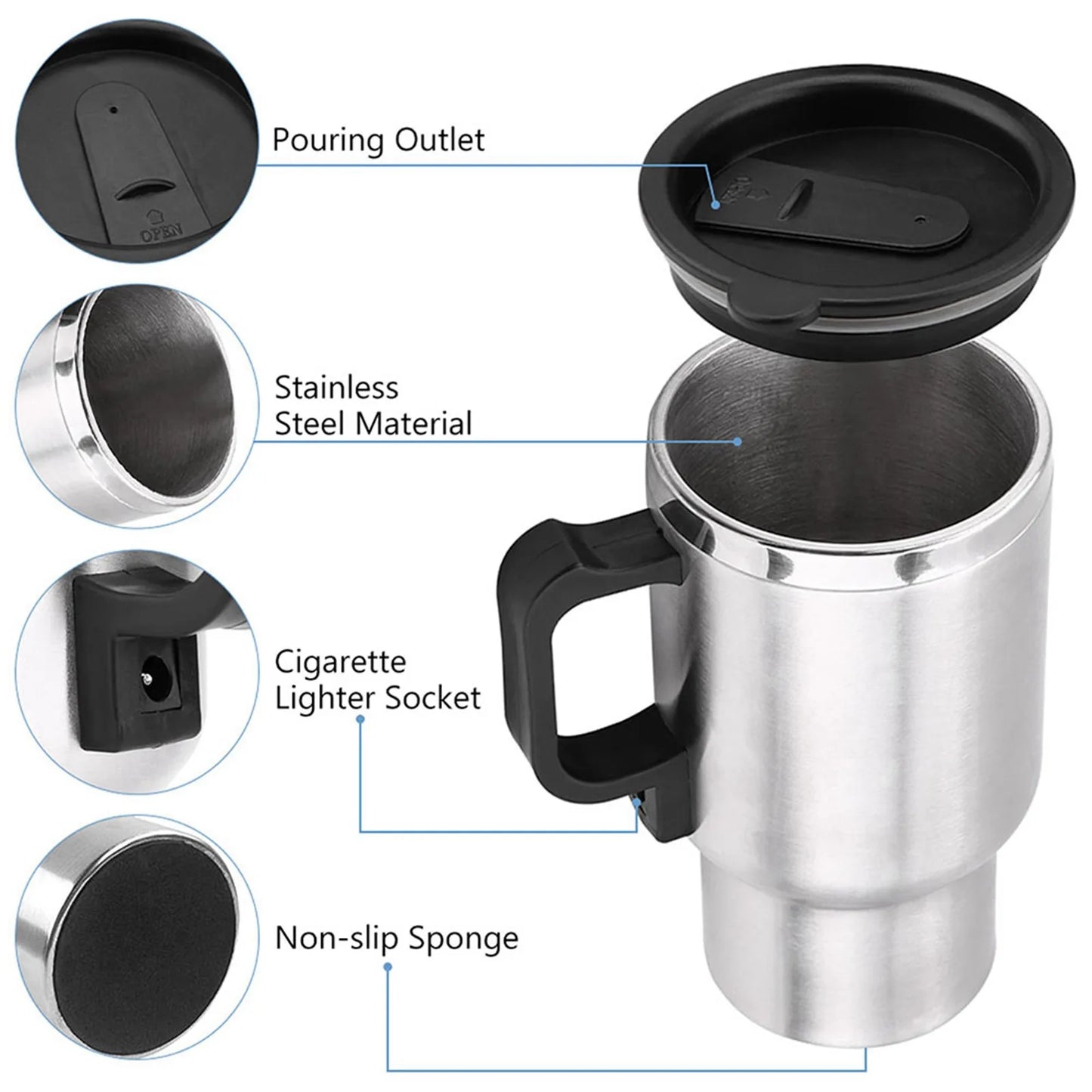 450ml Electric In-car Travel Heating Cup by Cigarette Lighter Plug Stainless Steel Travel Electric Kettle 12V Heated Thermos Mug
