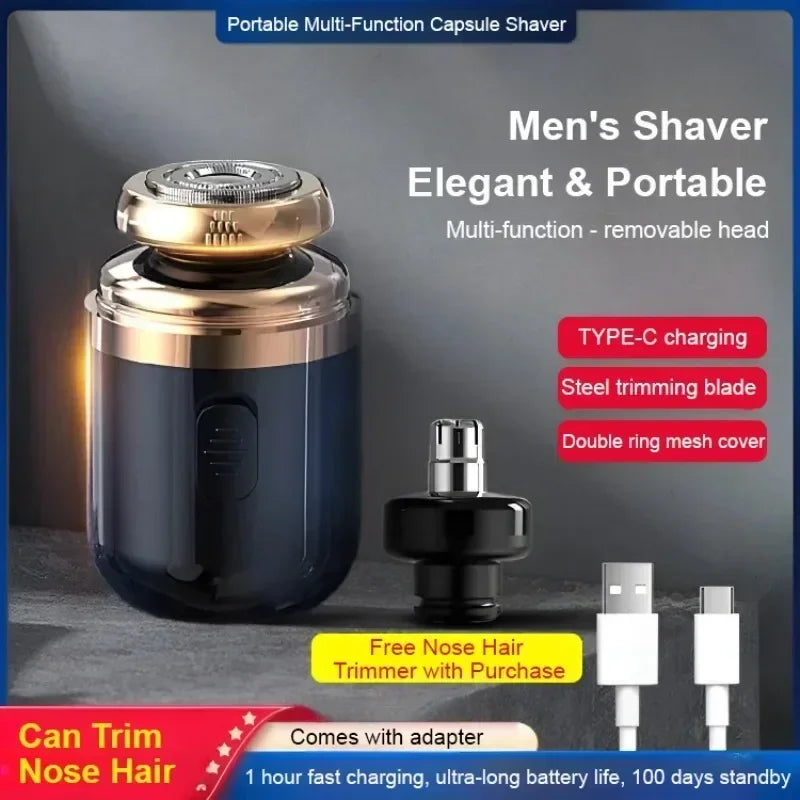 Mini Washable Electric Razor Travel Razor Type-c Charging Capsule Shaver Nose Hair Trimming Double Ring Knife Net