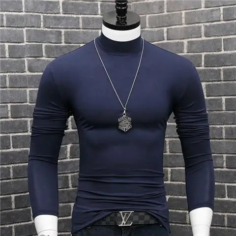 Fashion 2023 Oversize Solid Men's Slim Fit T-Shirt with Turtleneck Autumn Long Sleeve Top Shirt Male Modal Base Male Blouse