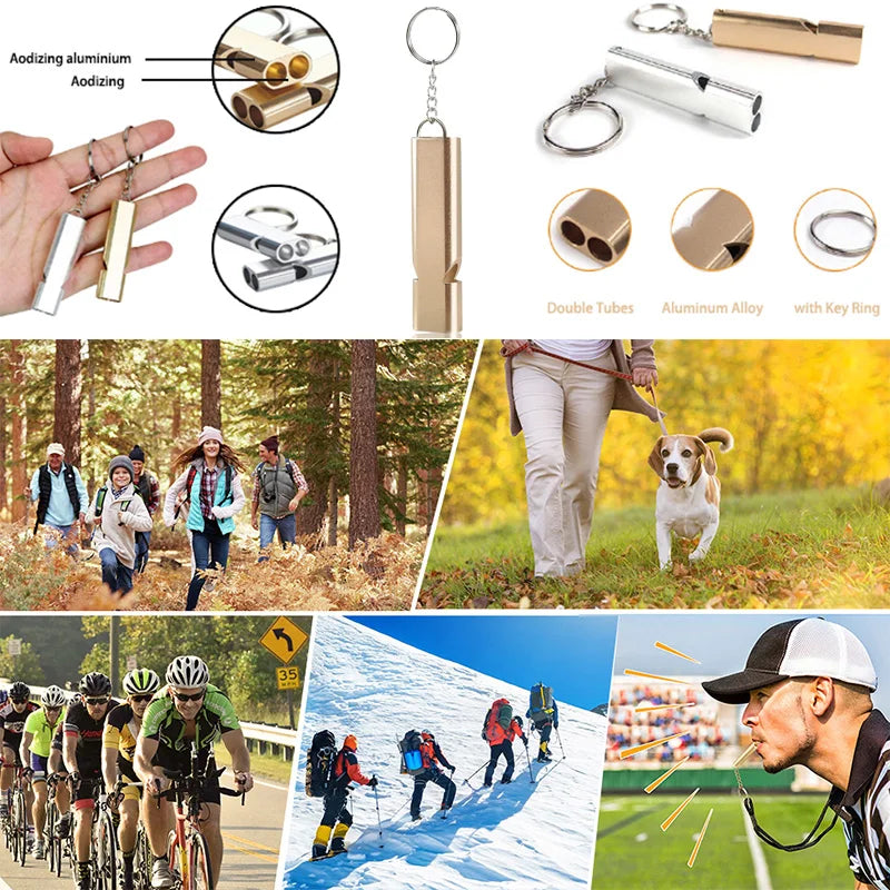 Sports Emergency Survival Whistle Double Tubes Safety Stainless Steel Whistles w/ Keychain for Outdoor Boating Camping Hunting