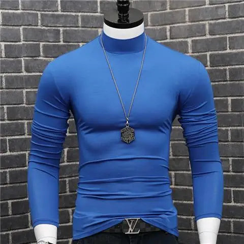 Fashion 2023 Oversize Solid Men's Slim Fit T-Shirt with Turtleneck Autumn Long Sleeve Top Shirt Male Modal Base Male Blouse