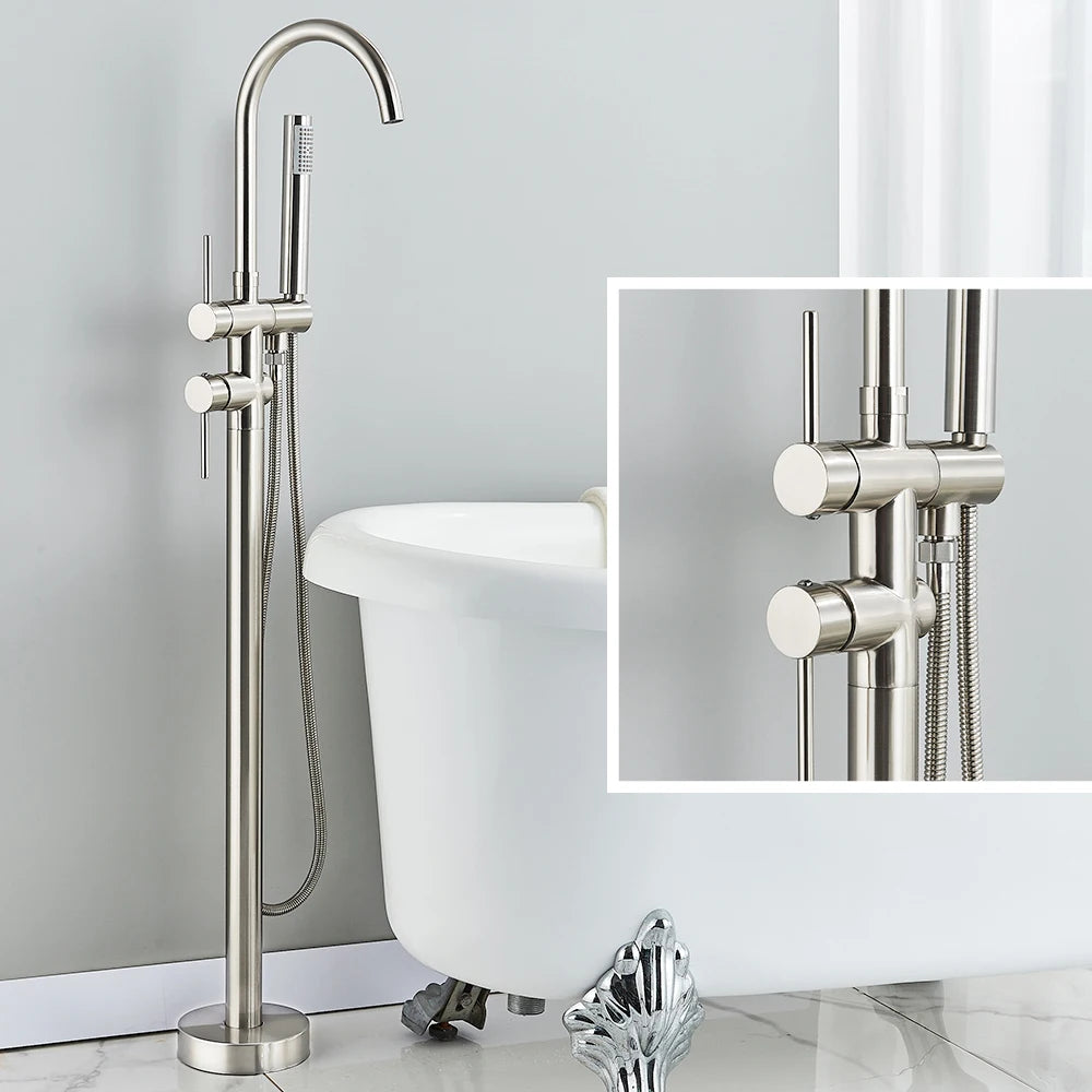 Floor Free Standing Faucet Mixer Single Handle Hot Cold Water Mixer with 360 Rotation Spout with Handshower For Bathtub Shower