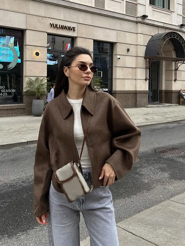 Fashion Brown Short Woolen Jacket For Women Elegant Lapel Long Sleeves Zipper Cropped Coats Autumn Chic Lady High Street Outwear