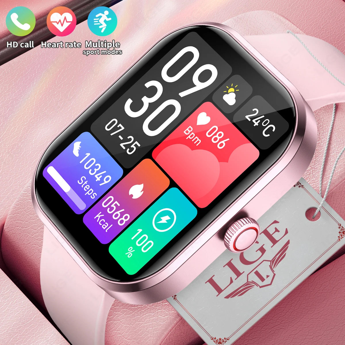 LIGE Smart Watches Ladies Bluetooth Call Sport Bracelet for Android IOS Women‘s Health Monitor Gift Music Clock Smartwatch Pink