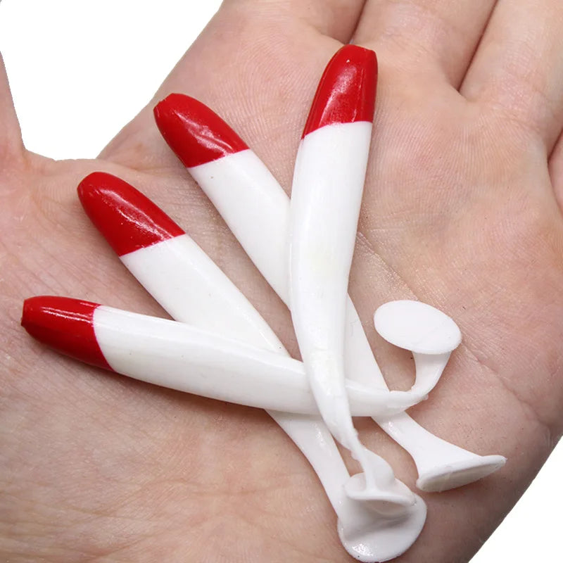 10/20/50pcs Red Head White Body Bait 5.5/7/9/12cm T Tail Worm Soft Bait Bionic Flying Fishing Lure Artificial Silicone Wobblers