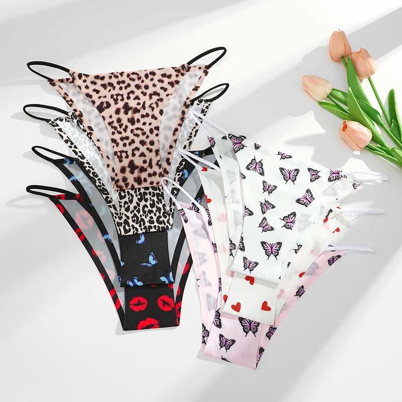 3PCS/Set Seamless Women Panties Sexy Low Rise Butterflies Leopard Bikini Briefs Female Ice Silk No Trace Underwear Soft Lingerie