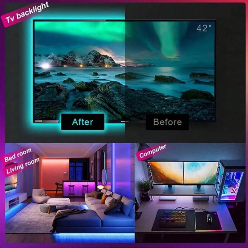 1-30M Led Strip Lights Bluetooth APP Control RGB LED Lights for TV USB 5V WIFI Led Tape for TV Backlight Room Party Decoration