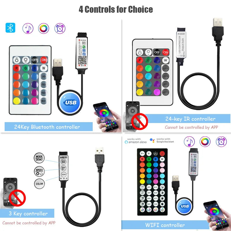 1-30M Led Strip Lights Bluetooth APP Control RGB LED Lights for TV USB 5V WIFI Led Tape for TV Backlight Room Party Decoration