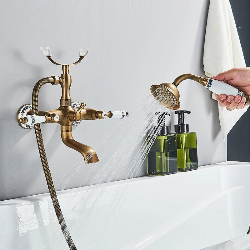 Antique Brass Bathtub Shower Faucet Set Bathroom Dual Handle Wall Mounted Bath Tub Mixer Tap with Handshower and Swivel Spout