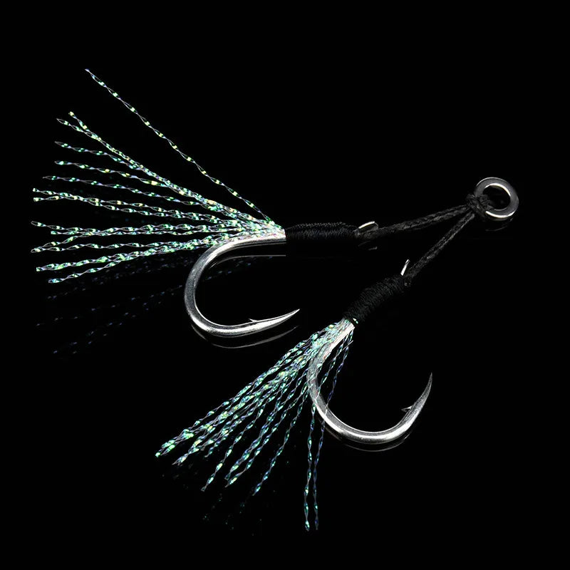 ALLBLUE 4pairs/lot Metal Jig Assist Hook With PE Line Feather Solid Ring Jigging Spoon Saltwater Fishhook for 5-80g Lure