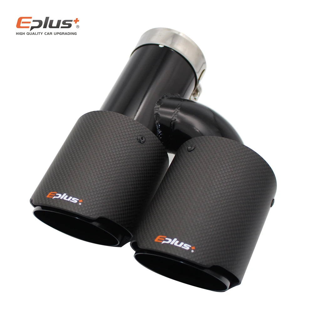EPLUS Car Carbon Fiber Matte Muffler Tip h Shape Double Exit Exhaust Pipe Mufflers Nozzle Decoration Universal Stainless Black