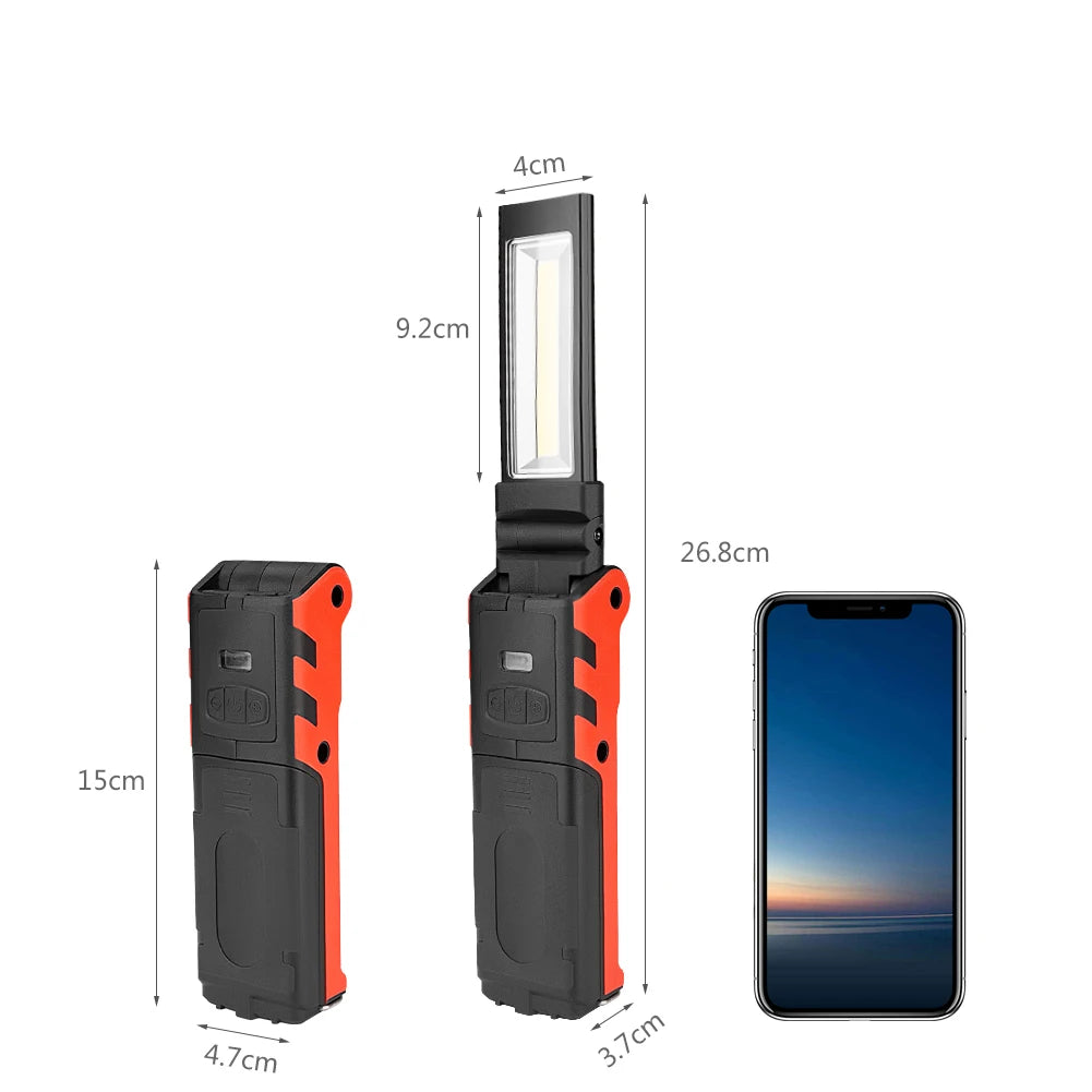 USB Rechargeable Work Light Dimmable COB LED Folding Flashlight Inspection Lamp Portable Lantern with Magnet & Hook Power Bank
