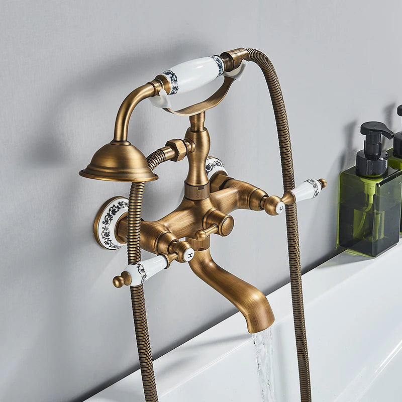 Antique Brass Bathtub Shower Faucet Set Bathroom Dual Handle Wall Mounted Bath Tub Mixer Tap with Handshower and Swivel Spout