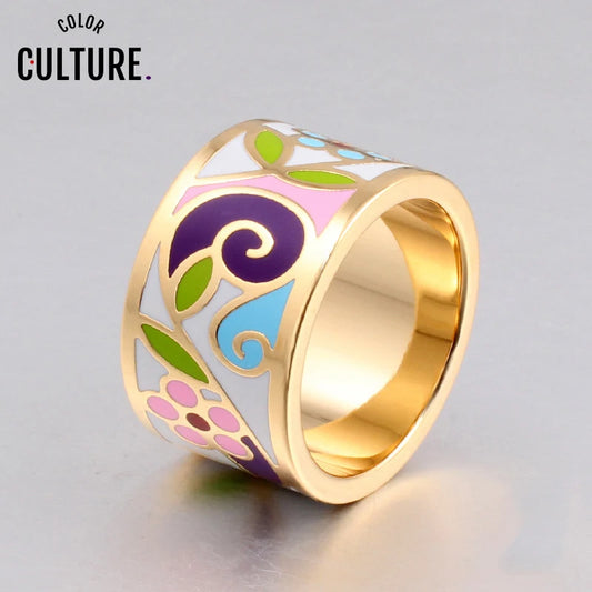 New Arrival Flower Enamel  Gold-Color 1.3CM Big Rings for Women Ethnic Stainless Steel Jewelry Mother Gift