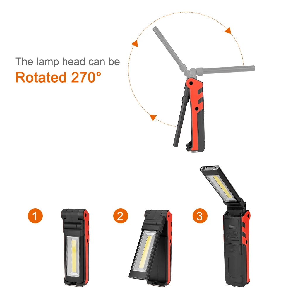 USB Rechargeable Work Light Dimmable COB LED Folding Flashlight Inspection Lamp Portable Lantern with Magnet & Hook Power Bank