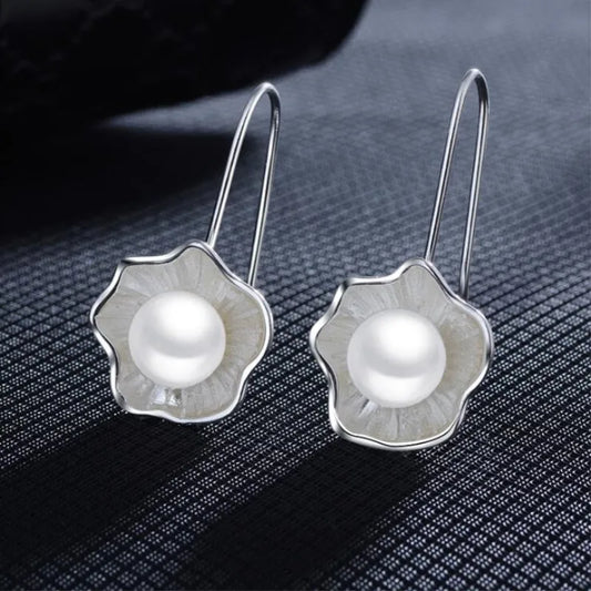 Temperament New Fashion Ethnic Style 925 Sterling Silver Jewelry Female Creative Lotus Pearl Fresh Flower Dangle Earrings  E054