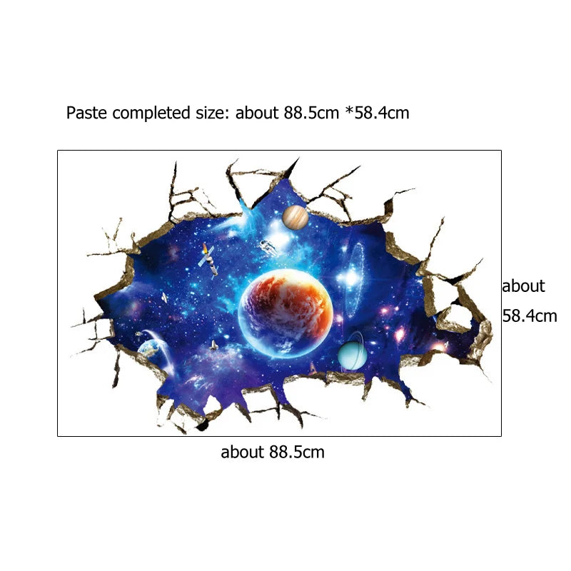 3D Cosmic Space Planet Broken Wall Stickers For Kids Room Bedroom Decals Nursery Home Decoration Mural Break The Wall Wallpaper