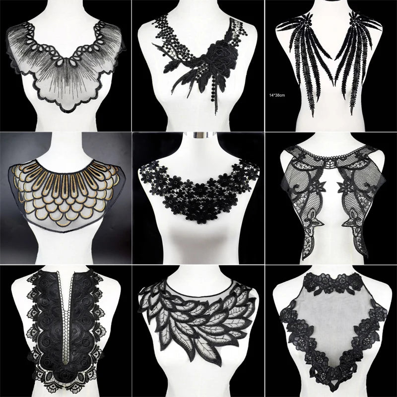1Pc Black Embroidery Collar Venise Sequin Floral Embroidered Applique Lace Neckline Collar Garment Accessories Scrapbooking