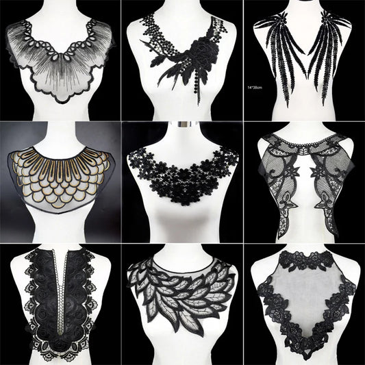 1Pc Black Embroidery Collar Venise Sequin Floral Embroidered Applique Lace Neckline Collar Garment Accessories Scrapbooking
