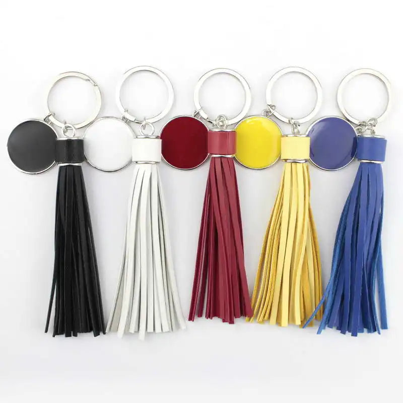 ZWPON Fashion  Round Monogram Pompom PU Leather Tassel Keychain Bag Charms Key Ring Colorful Enamel Female Jewelry Wholesale