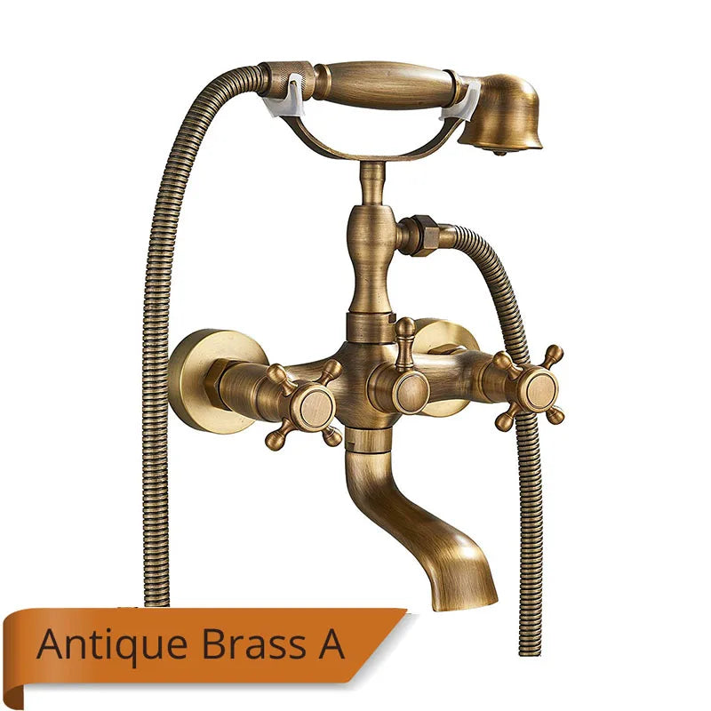 Antique Brass Bathtub Shower Faucet Set Bathroom Dual Handle Wall Mounted Bath Tub Mixer Tap with Handshower and Swivel Spout