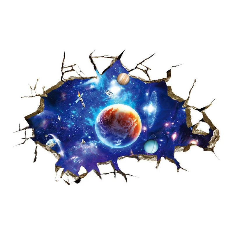 3D Cosmic Space Planet Broken Wall Stickers For Kids Room Bedroom Decals Nursery Home Decoration Mural Break The Wall Wallpaper