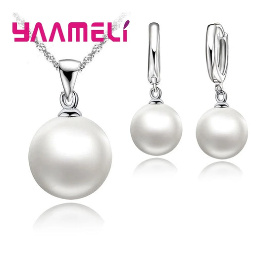Smooth Women Wedding Jewelry Sets 925 Sterling Silver Pearl Necklace Hoop Earrings Fashion Jewellery Set Accessories