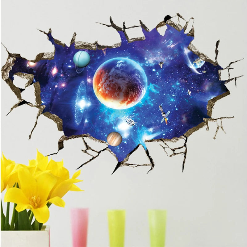 3D Cosmic Space Planet Broken Wall Stickers For Kids Room Bedroom Decals Nursery Home Decoration Mural Break The Wall Wallpaper