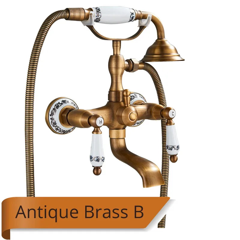 Antique Brass Bathtub Shower Faucet Set Bathroom Dual Handle Wall Mounted Bath Tub Mixer Tap with Handshower and Swivel Spout