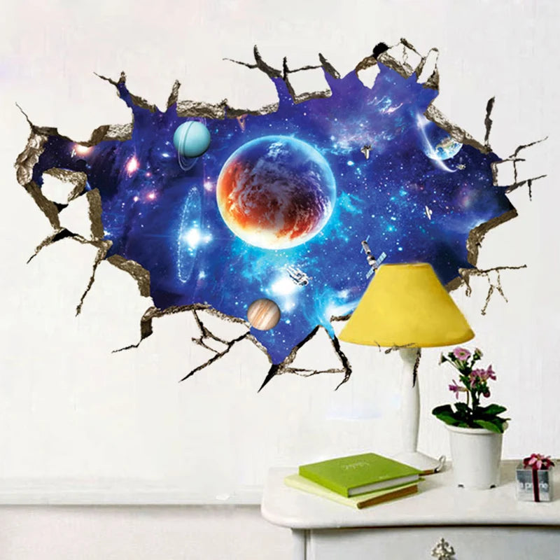 3D Cosmic Space Planet Broken Wall Stickers For Kids Room Bedroom Decals Nursery Home Decoration Mural Break The Wall Wallpaper