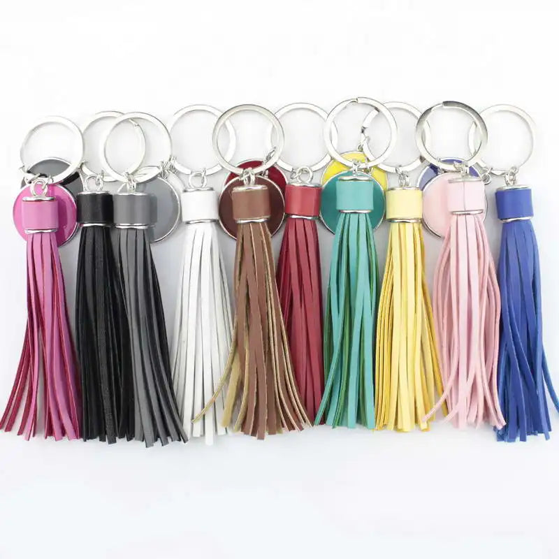 ZWPON Fashion  Round Monogram Pompom PU Leather Tassel Keychain Bag Charms Key Ring Colorful Enamel Female Jewelry Wholesale