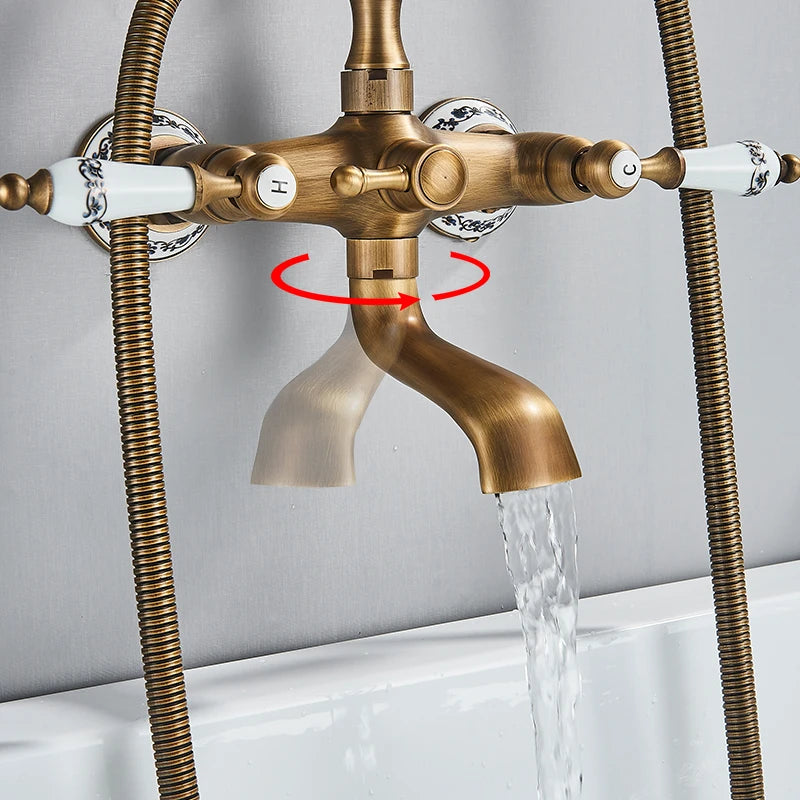 Antique Brass Bathtub Shower Faucet Set Bathroom Dual Handle Wall Mounted Bath Tub Mixer Tap with Handshower and Swivel Spout