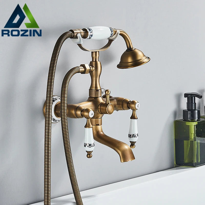 Antique Brass Bathtub Shower Faucet Set Bathroom Dual Handle Wall Mounted Bath Tub Mixer Tap with Handshower and Swivel Spout