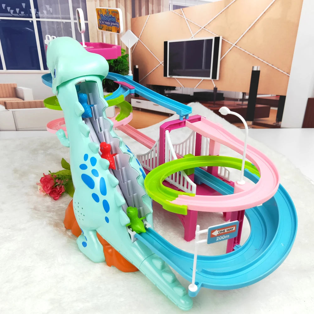 Brand New Electric Slide Railcar Track toy 3-6 years old Dinosaur climb stairs music light play interactive educational toys