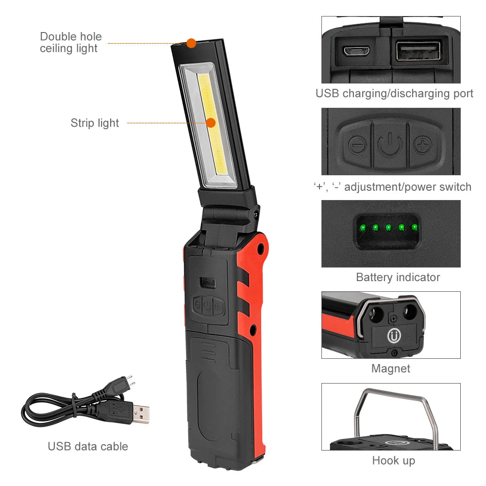 USB Rechargeable Work Light Dimmable COB LED Folding Flashlight Inspection Lamp Portable Lantern with Magnet & Hook Power Bank