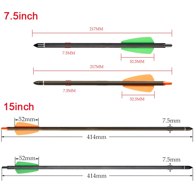 TOPARCHERY Carbon Crossbow Arrow Bolts 7.5/15 Inch Archery Arrows with 2" Vanes Hunting Arrows For Hunting Replaced Arrowhead