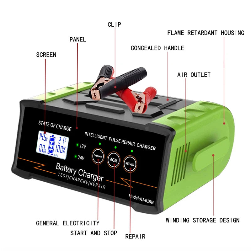EAFC 12V-24V Car Battery Charger High Power 300W/400W Smart Battery Charger Fast Charging Wet Dry Lead Acid Digital LCD Display